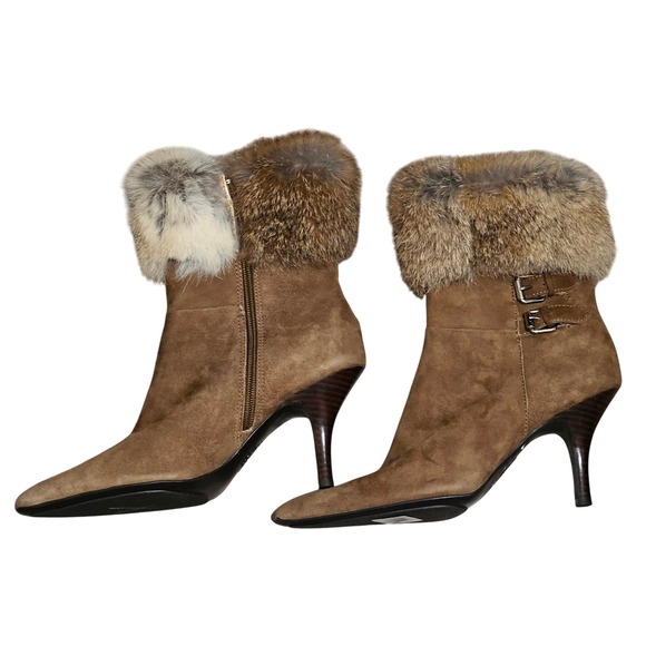 Anne Klein Shoes - Ann Klein Women's Tan Suede Fur Trim Ankle Boots Pointed Toe Stiletto Heel 6